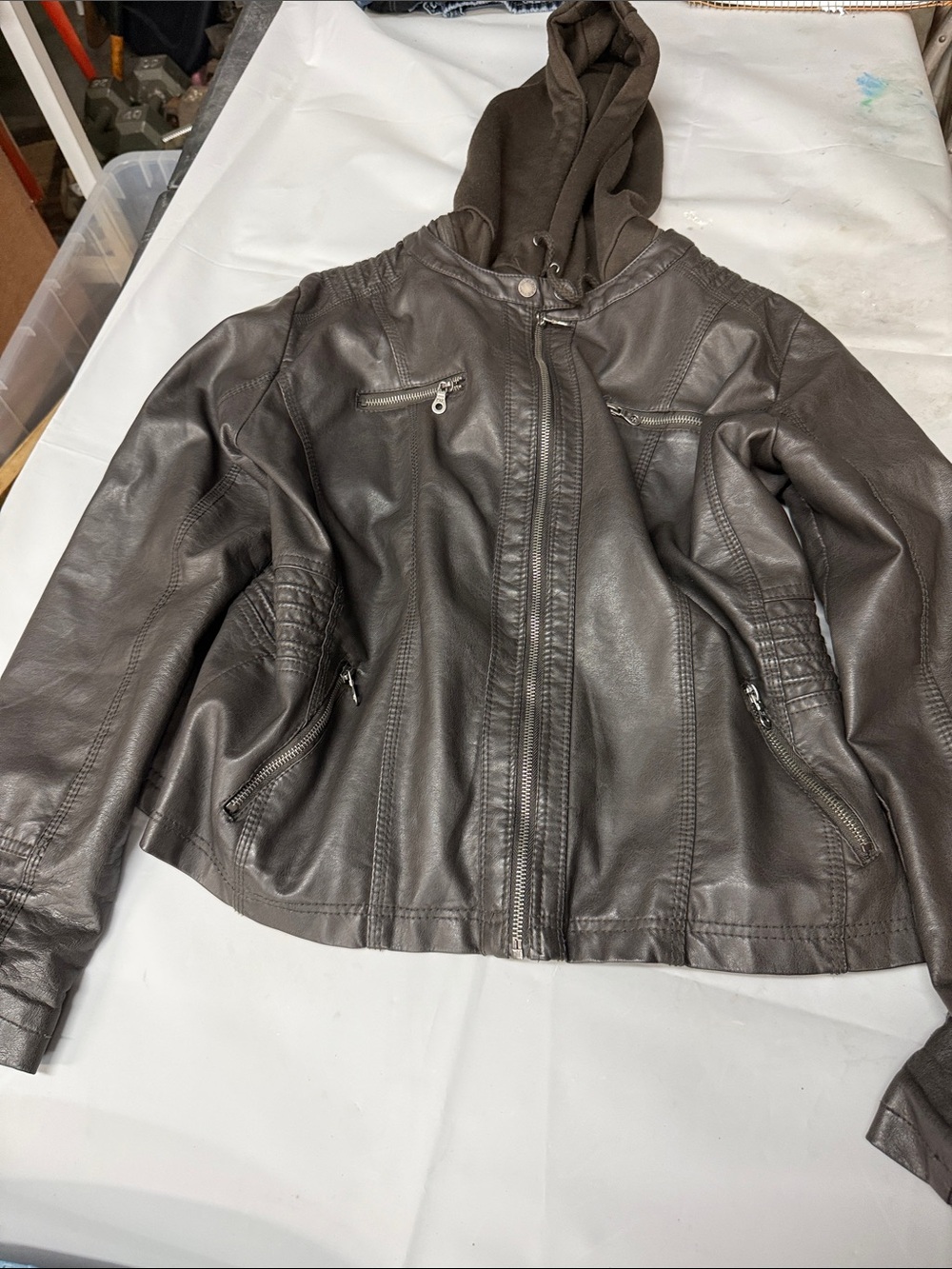 Kids Hooded Faux Leather Jean-Style Jacket in Dark Brown